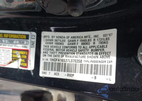 2007 Honda Civic Lx из США, поврежденный, VIN 1HGFA16537L070358